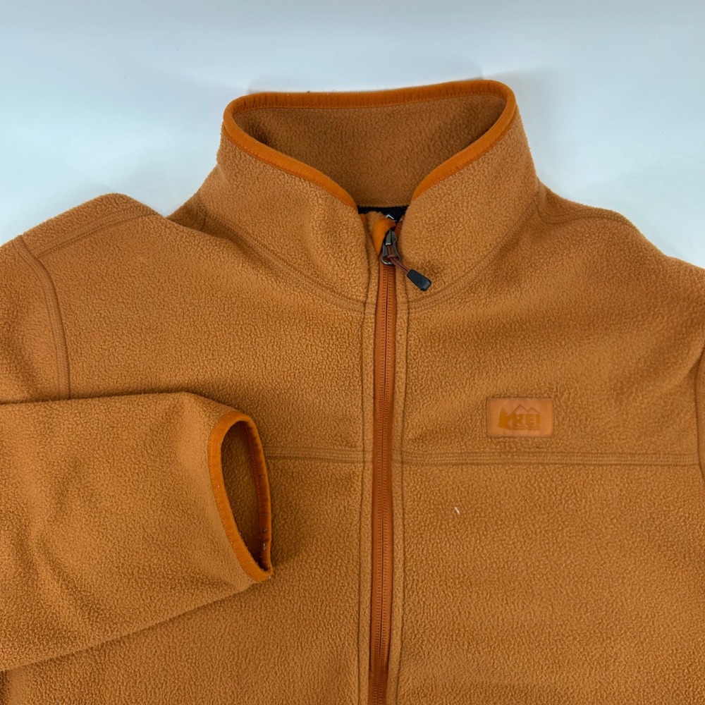 REI Co-op Fleece Jacket Mens M Burnt Orange Full Zip Mock Neck Hiking Layering